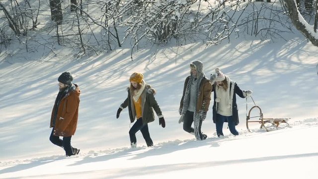 Teenagers on a walk in winter nature.