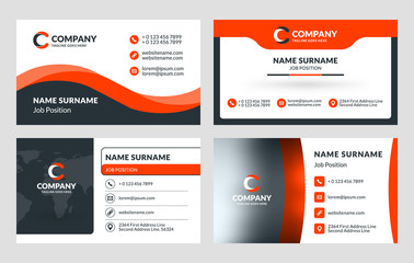 Set of 4 business card templates. Flat design vector illustration. Stationery design. Red and black color theme