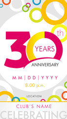 30 years anniversary invitation card, celebration template concept. 30th years anniversary modern design elements with background colored circles. Vector illustration