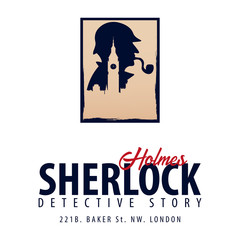 Sherlock Holmes logo or emblem. Detective illustration. Illustration with Sherlock Holmes. Baker street 221B. London. Big Ban.