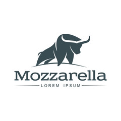 Buffalo mozzarella italian cheese brand, logo design icon pictrogram silhouette. Horned bull illustration with mozzarela inscription. Isolated flat illustration on a white background.