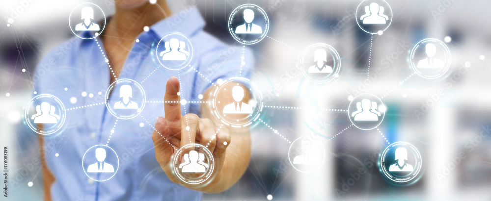 Poster businesswoman using social network connection 3d rendering