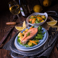 salmon with butter fried potato puree and salad