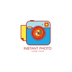 Vector instant photo camera lens colored icon pictogram. Flat cartoon isolated illustration on a white background. Logo brand concept for photo studio design