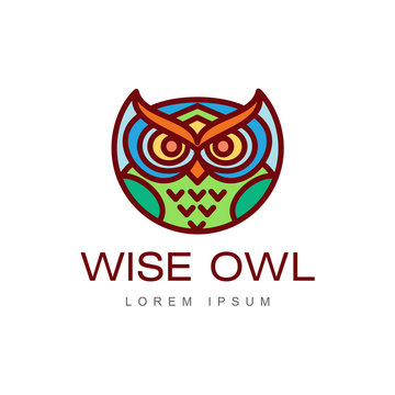 wise hand drawn colored wise owl head closeup . brand logo stylized design silhouette pictogram. Line icon bird isolated illustration on a white background.