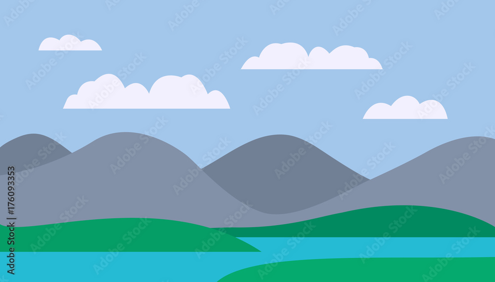 Wall mural Cartoon colorful vector flat illustration of mountain landscape with meadow and lake under blue sky