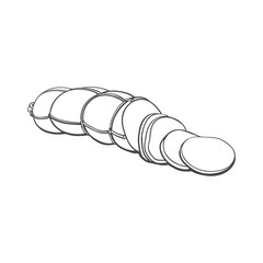 vector sketch boiled sausage with slices. Cartoon isolated illustration on a white background. Sausage and meat types concept
