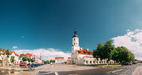 Nesvizh, Minsk Region, Belarus. Panoramic View Of Square And Town Hall In Summer Sunny Day.
