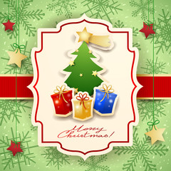 Christmas card with tree, gifts and text
