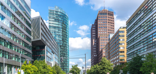 Berlin, view of Potsdamer Strasse with modern high-rise buildings with lots of windows