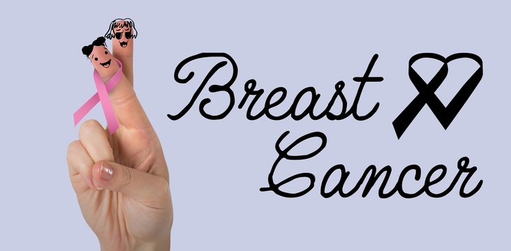 Composite image of cropped hand of woman with pnik breast cancer