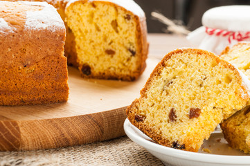 homemade traditional fruit cake slices at white plate