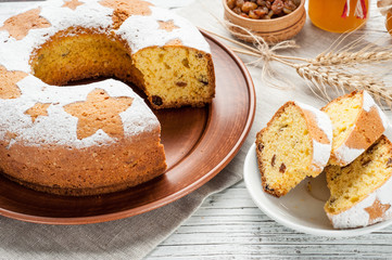 homemade traditional fruit cake slices at white wooden table