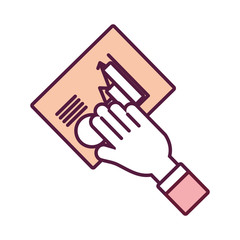 flat line colored  hand  with document over white  background  vector illustration