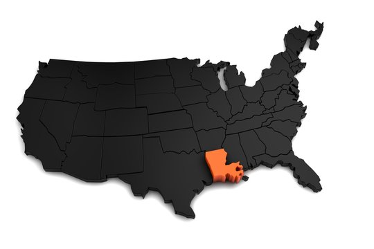 United States of America, 3d black map, with Louisiana state highlighted in orange. 3d render