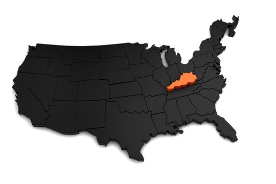 United States of America, 3d black map, with Kentucky state highlighted in orange. 3d render