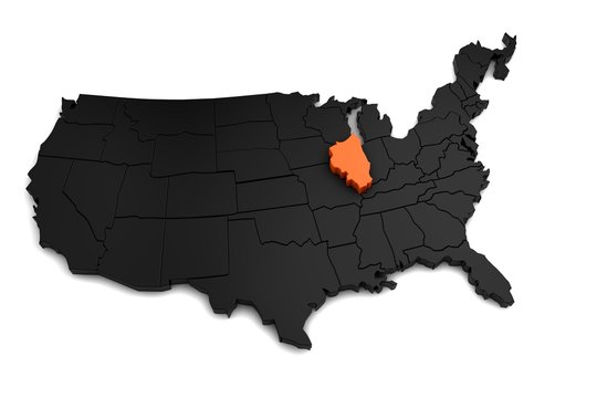 United States of America, 3d black map, with Illinois state highlighted in orange. 3d render