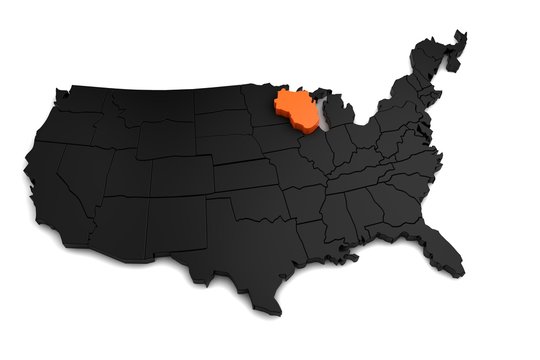 United States of America, 3d black map, with Wisconsin state highlighted in orange. 3d render