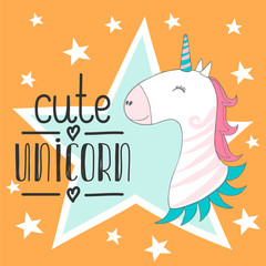 Magic cute baby unicorn, stars poster, greeting card, vector illustration with outline for kids print clothing and poster