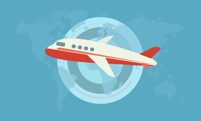 Fototapeta na wymiar Vector Illustration: Flying Red and White Plane on the Blue Background with the Map of the World in Flat Design.