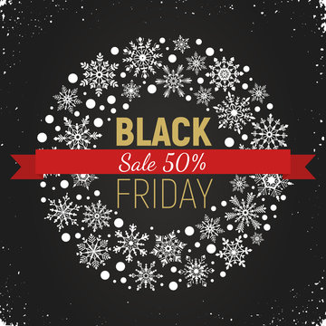 Black Friday banner with circle frame from snowflakes. White snowflakes border on chalkboard. Winter sale flyer illustration with text.