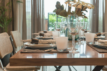 luxury table set on wooden dining table