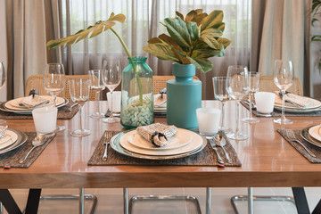luxury table set on wooden dining table