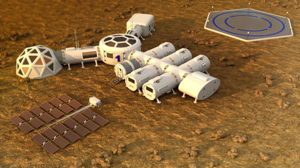 The colony on Mars. Autonomous life on Mars. 3D rendering © unlimit3d