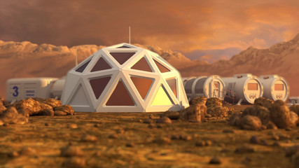 Storage warehouse. The colony on Mars. Autonomous life on Mars. 3D rendering © unlimit3d