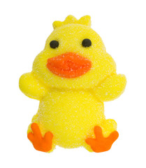 A colorful yellow and orange Easter candy marshmallow duck on a white background.