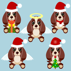 New Year and Christmas set: Eastern calendar. Year of the dog. dog-santa, dog-angel, dog with Christmas fir-tree and dog with Christmas gift.