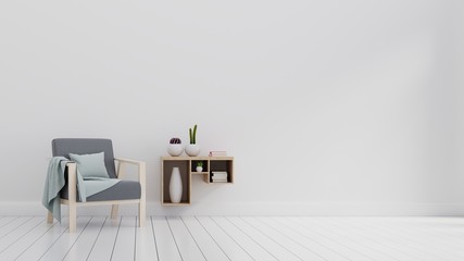 Modern living room with gray armchair and shelf on white wall background with free space on right. 3d rendering.