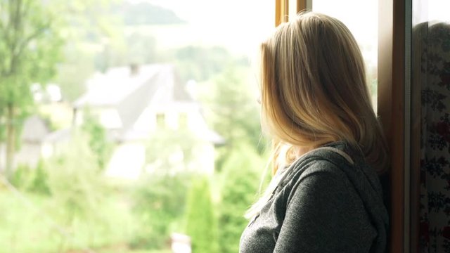 Pensive woman looking through window at the country
