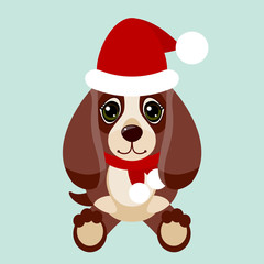 New Year: Eastern calendar. Year of the dog. A dog in Santa hat. Christmas dog.