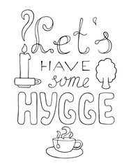 Danish concept Hygge abstract poster with candle and teacup. Autumn coloring page. Hygge vector illustration
