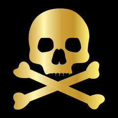 Skull with  Crossbones Icon Symbol Design. Vector illustration of gold skull isolated on black background. Halloween graphic.
