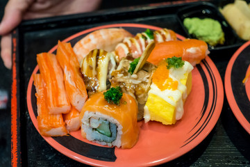 Mixed sushi roll on tray food