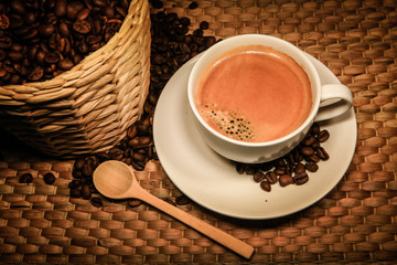 Coffee with coffee beans bucket 