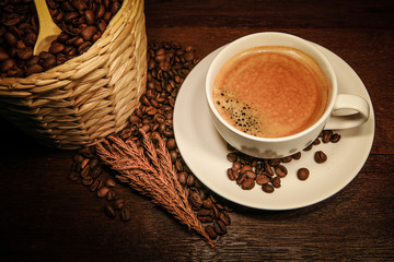 Coffee with coffee beans bucket 