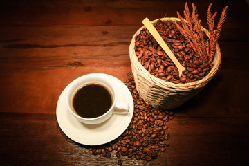 Coffee with coffee beans bucket 
