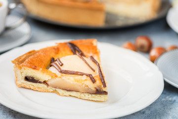 Slice of pear cake. Autumn comfort food