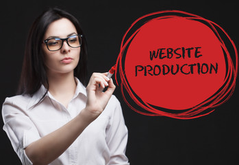 The concept of marketing, technology, the Internet and the network. A young businessman shows what is important for business: Website production