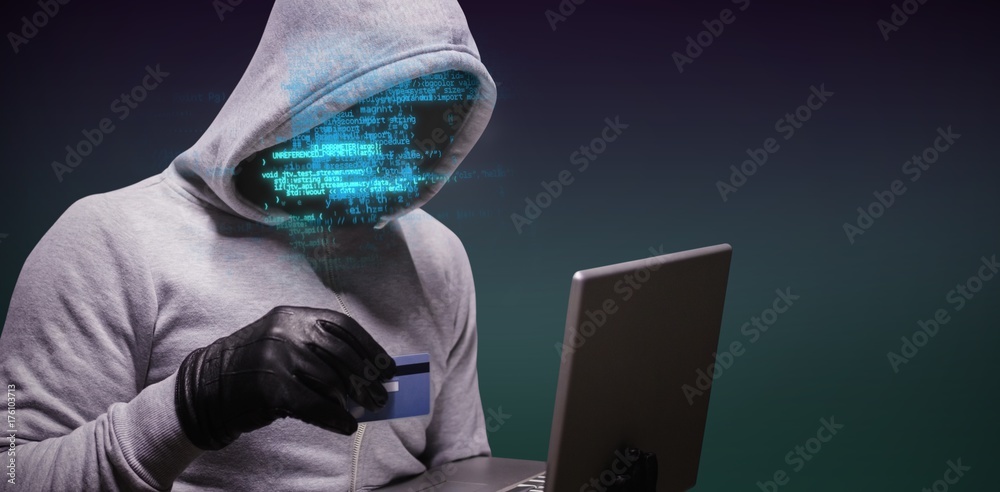Poster composite image of hacker using credit card for cyber crime