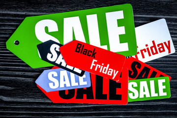 concept black friday on dark wooden background top view