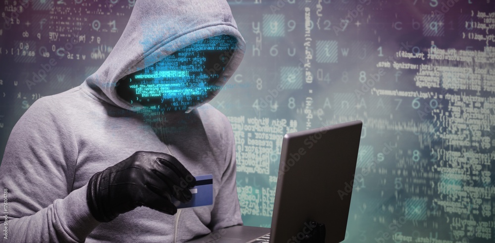 Poster composite image of hacker using credit card for cyber crime