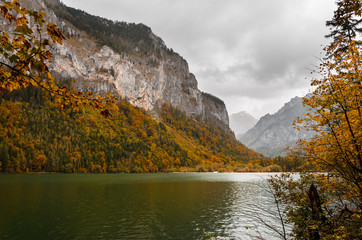 Leopoldsteiner Lake, Styria, Austria, lake and reflection of mountains in background, cloudy autumn day