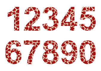 Isolated numbers from 0 to 9 with background of red autumn leaves. Vector illustration