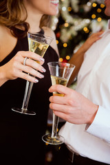 Party: Couple Toasting With Champagne By Christmas Tree