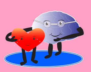 Brain consoling the crying heart. Brain & heart teamwork. Logic and emotion balance, mindfulness concept illustration vector.