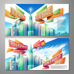 Set of vector cartoon illustrations, banners, urban backgrounds with modern big city buildings, skyscrapers, business centers and space for your text. Advertising banner for real estate agency